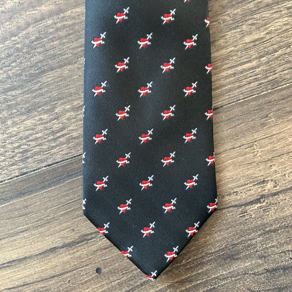 Mens Neck Tie Black With Red Heart Sword Courage